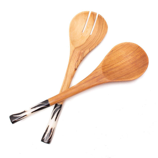Olive Wood Batik Black and White Salad Servers