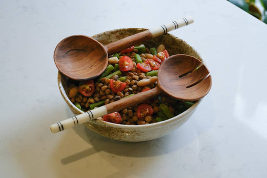 Olive Wood White Batik Bone Handle Salad Servers