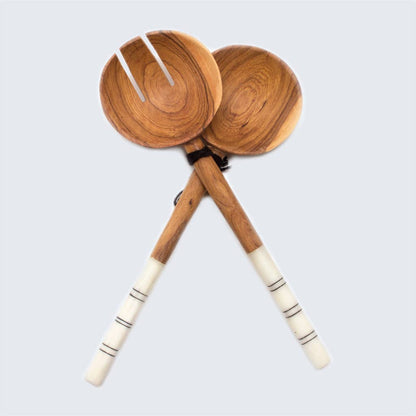 Olive Wood White Batik Bone Handle Salad Servers