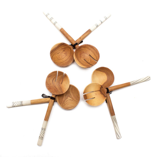 Olive Wood White Batik Bone Handle Salad Servers