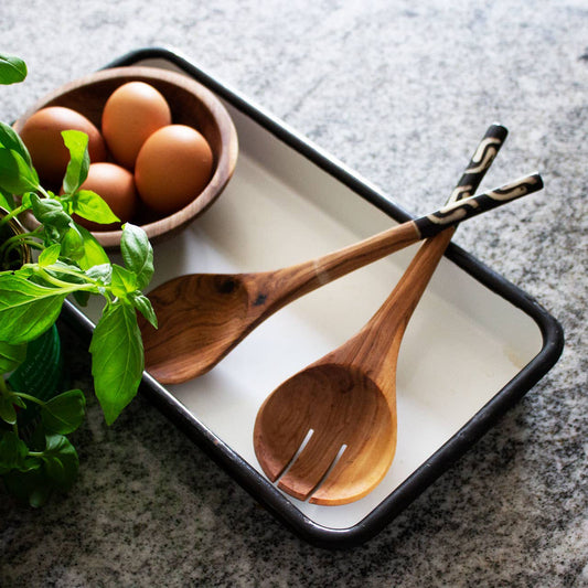 Olive Wood Batik Black and White Salad Servers