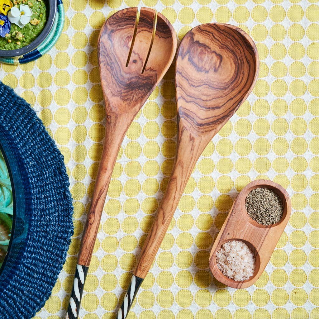 Olive Wood Batik Black and White Salad Servers